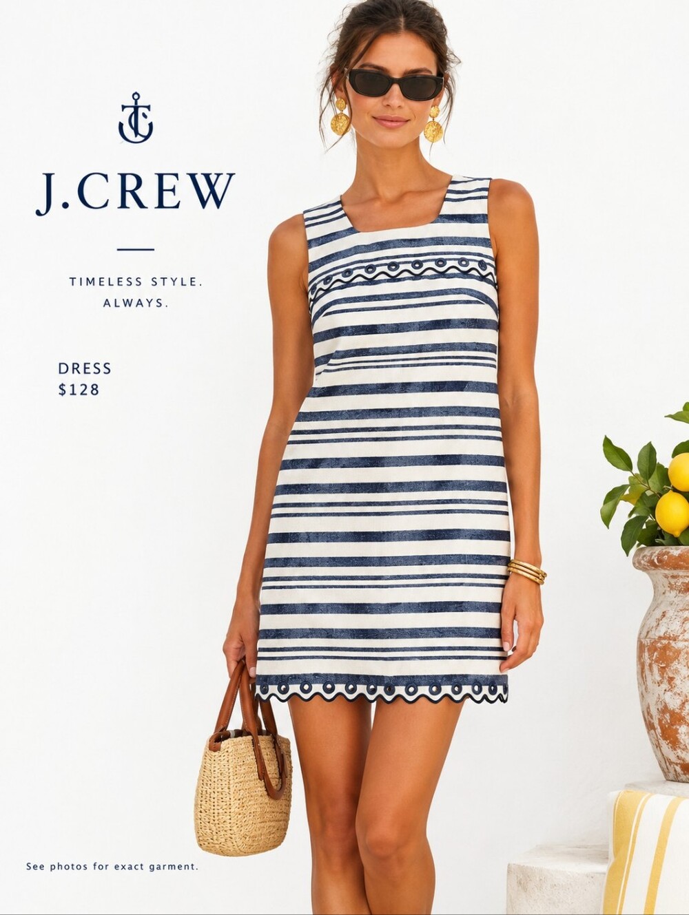 J.Crew Striped Scalloped Shift Dress Grommets Blue White Size 8P Coastal Chic